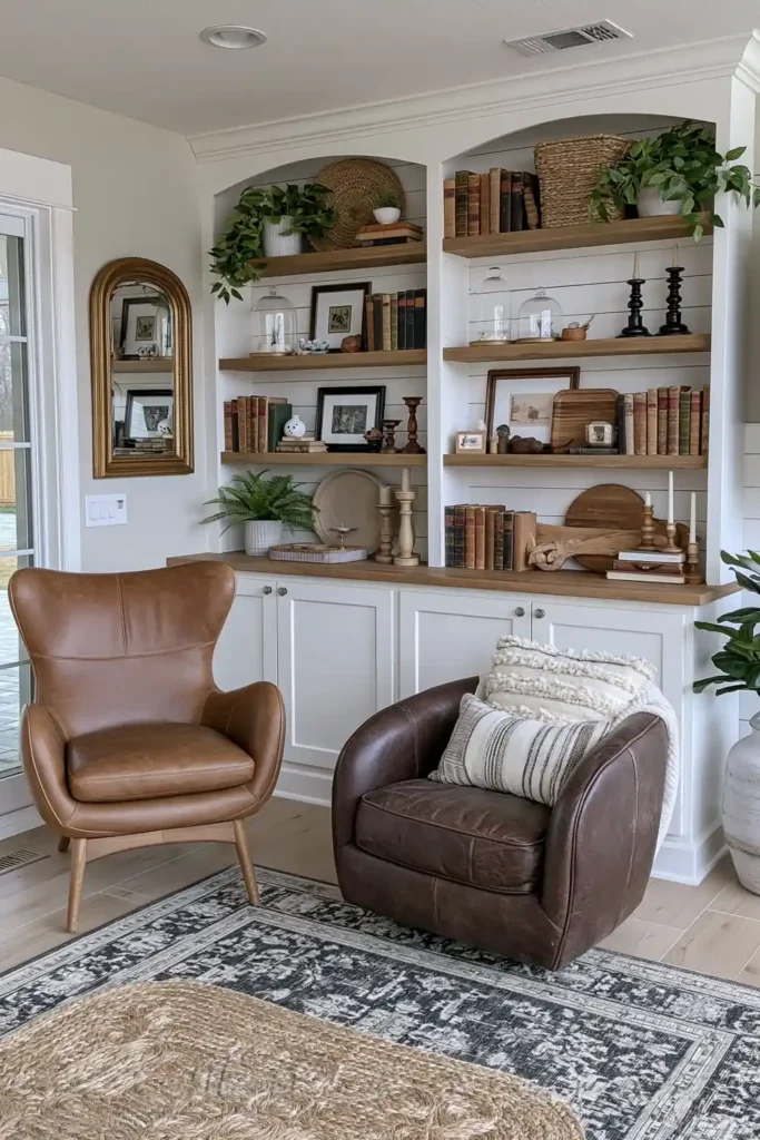 Built-in farmhouse bookcase nook with old books, glass cloches, framed pieces, candlesticks, wood accents, and a caramel leather chair