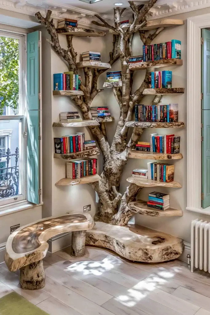 Brilliant Home Design Makeover Ideas for a More Personal Home 9 Built-in reading nook with tree branch shelves, books, and a curved wooden bench