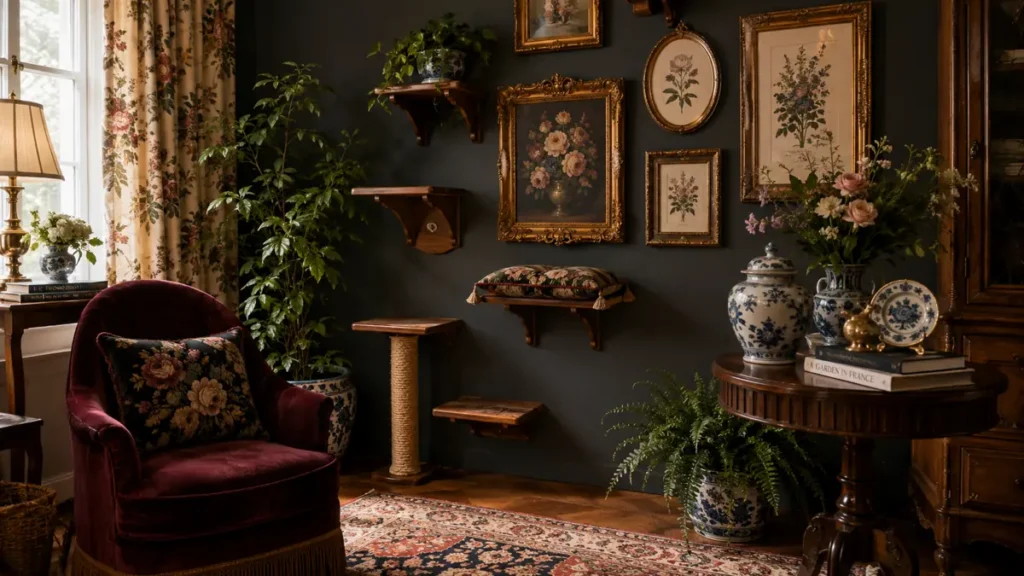 Vintage-inspired room corner with artistic cat shelves, ornate gold frames, floral cushion, blue and white ceramics, velvet chair, and warm traditional decor.