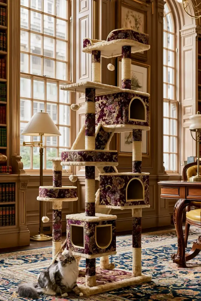 Tall cat tower wrapped in vintage dark red and brown patterned wallpaper inside a traditional library room.