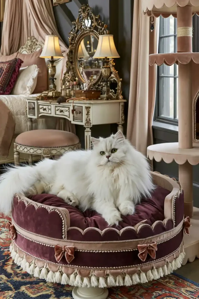 Blush pink scalloped cat tree with velvet perch, small bows, vanity, ornate mirror, lamps, and romantic bedroom decor.