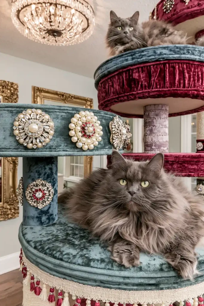 Jewel-toned cat tree with teal, blue, purple, and magenta velvet platforms, vintage brooch embellishments, gold mirrors, and chandelier lighting.