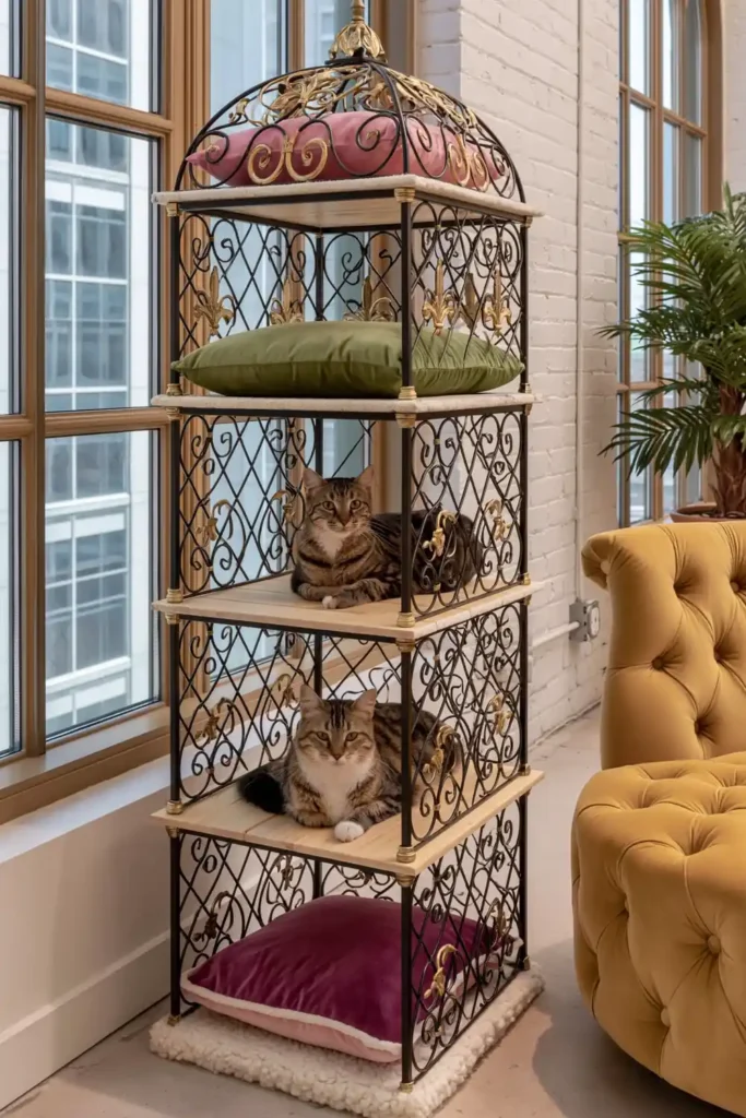 Black metal lattice cat tree with decorative scrollwork, green cushions, wooden platforms, white brick wall, and industrial-style windows.