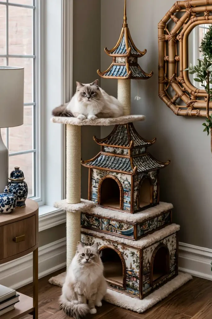 Blue and white chinoiserie cat condo with porcelain-style patterns, arched cubbies, and classic window-side decor.