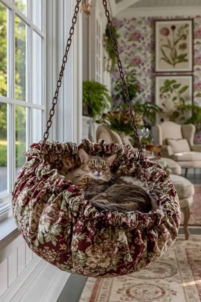 Chintz fabric cat hammock with red and green florals, ruffle details, dark hanging chains, floral wallpaper, plants, and a patterned rug.
