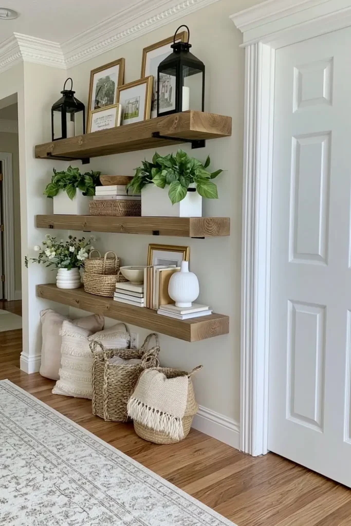 Chunky rustic wood floating shelves styled with lanterns, books, baskets, white planters, and leafy greenery in a farmhouse living room