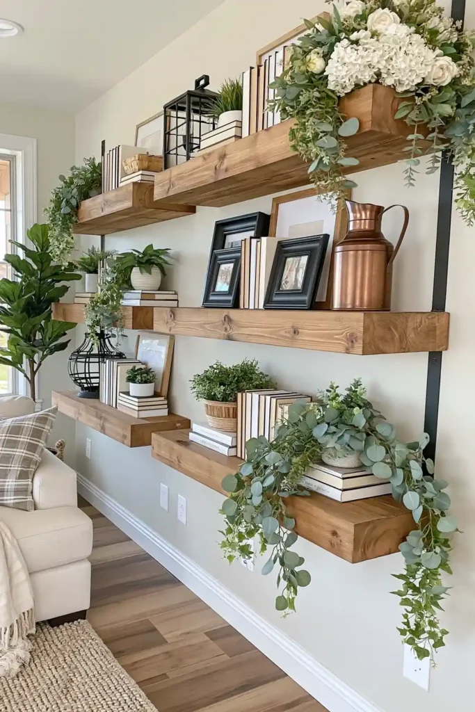 Chunky wood farmhouse shelves framed by slim black iron rails with books, plants, black frames, a copper jug, and trailing greenery