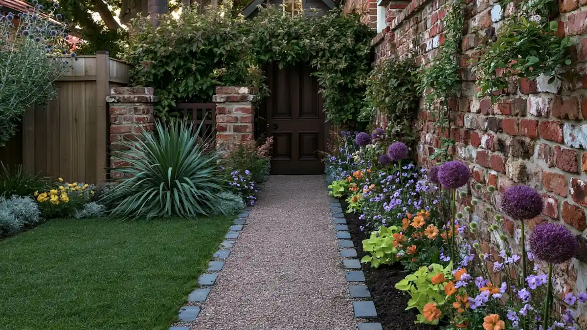 Stunning Garden Walkway Layout Ideas for a Beautiful Outdoor Path 1 Classic English garden walkway with tan gravel, gray paver edging, purple flowers, brick wall, and a rustic wooden gate.