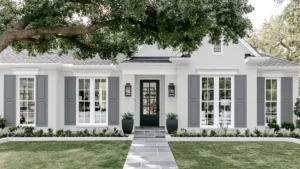 Classic light stucco home exterior with pale taupe shutters, white-trimmed windows, dark planters, and a stone walkway.