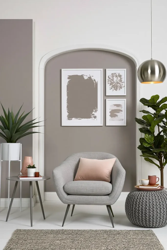 Trend Color Spotlight: Off the Grid Paint Inspiration for Warm, Modern Rooms 3 Clean white room with subtle pink mid-century furniture and warm Off the Grid paint inspiration.