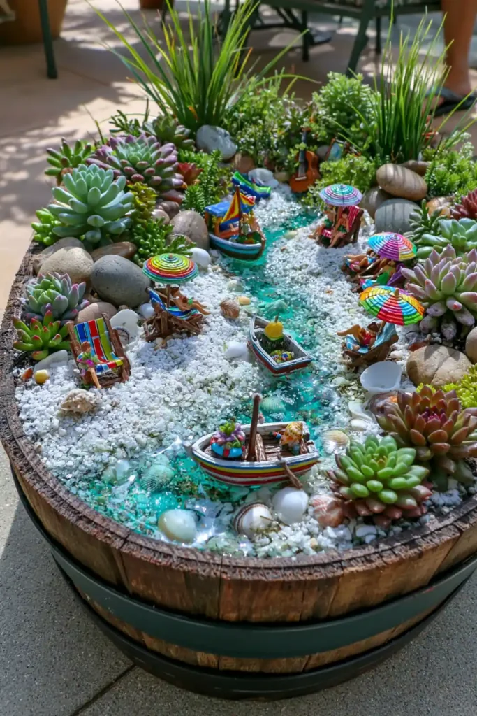 DIY Outdoor Fairy Garden Ideas for Tiny Backyard, Patio, and Seasonal Displays 7 Coastal fairy garden with turquoise-blue water, white sand, shells, succulents, tiny beach chairs, boats, and umbrellas.