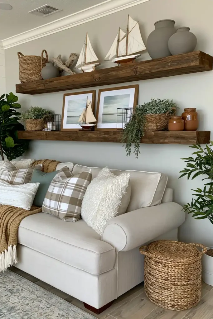 Coastal farmhouse shelves above a sofa with rope baskets, calm landscape art, matte pottery, greenery, sailboat figurines, and terra-toned jars