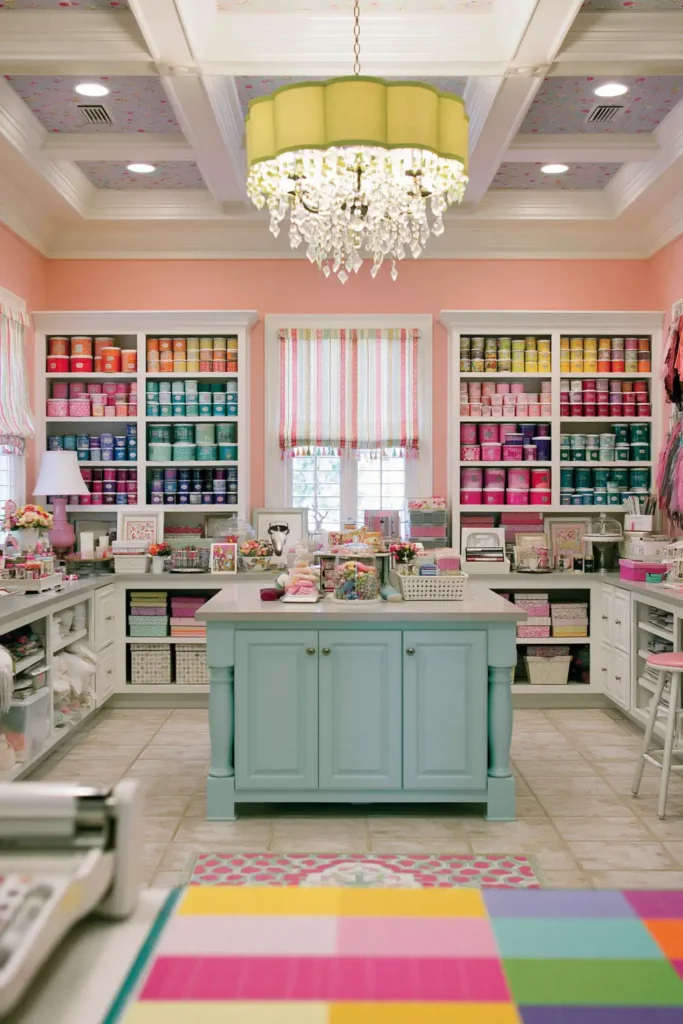 Colorful craft room with peach walls, a pale turquoise workspace island, white shelving, and organized supplies