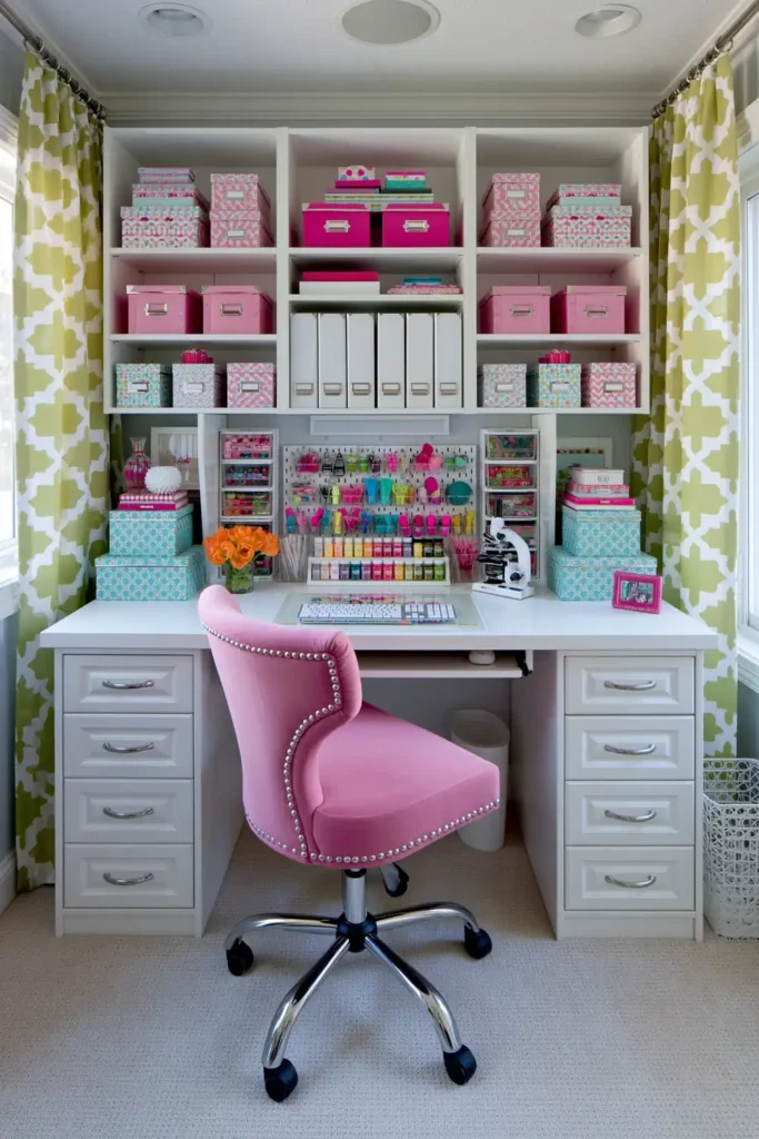 Bright white craft room desk area with colorful storage boxes, open shelving, yellow panels, and a pink chair