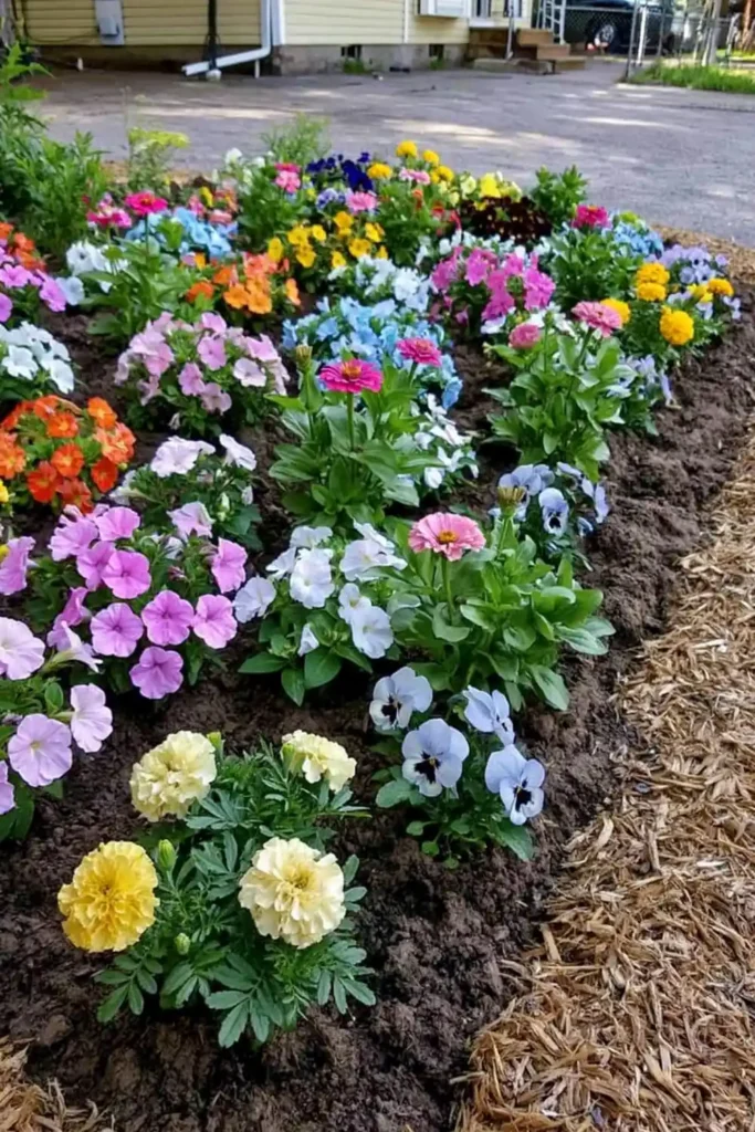 20 Budget-Friendly Outdoor Landscaping Ideas for a Charming Yard 11 Colourful flower bed with marigolds, petunias, impatiens, zinnias, and pansies in a backyard garden.