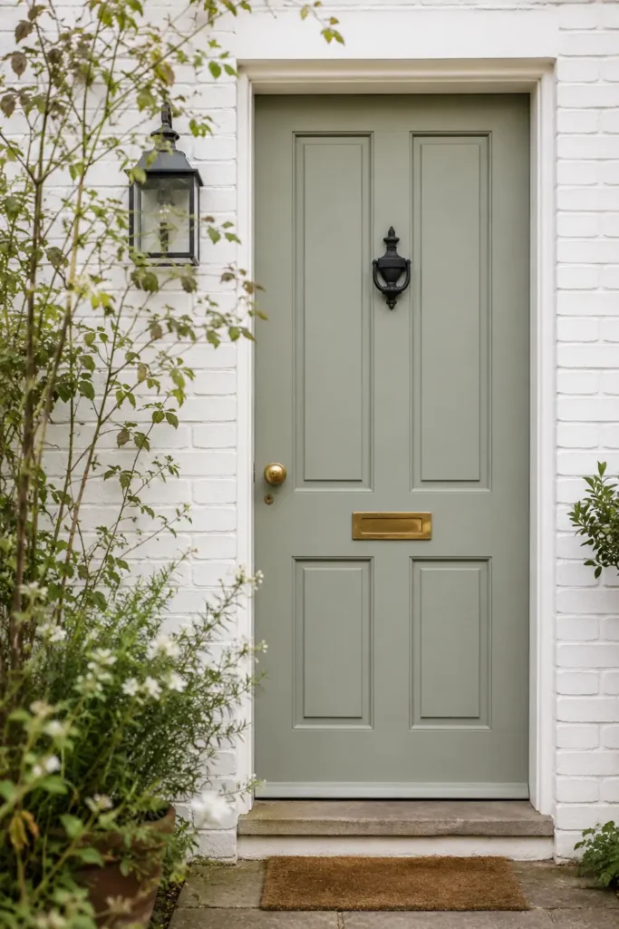 Comfort Gray green-gray front door with white brick exterior, brass hardware, and climbing branches.