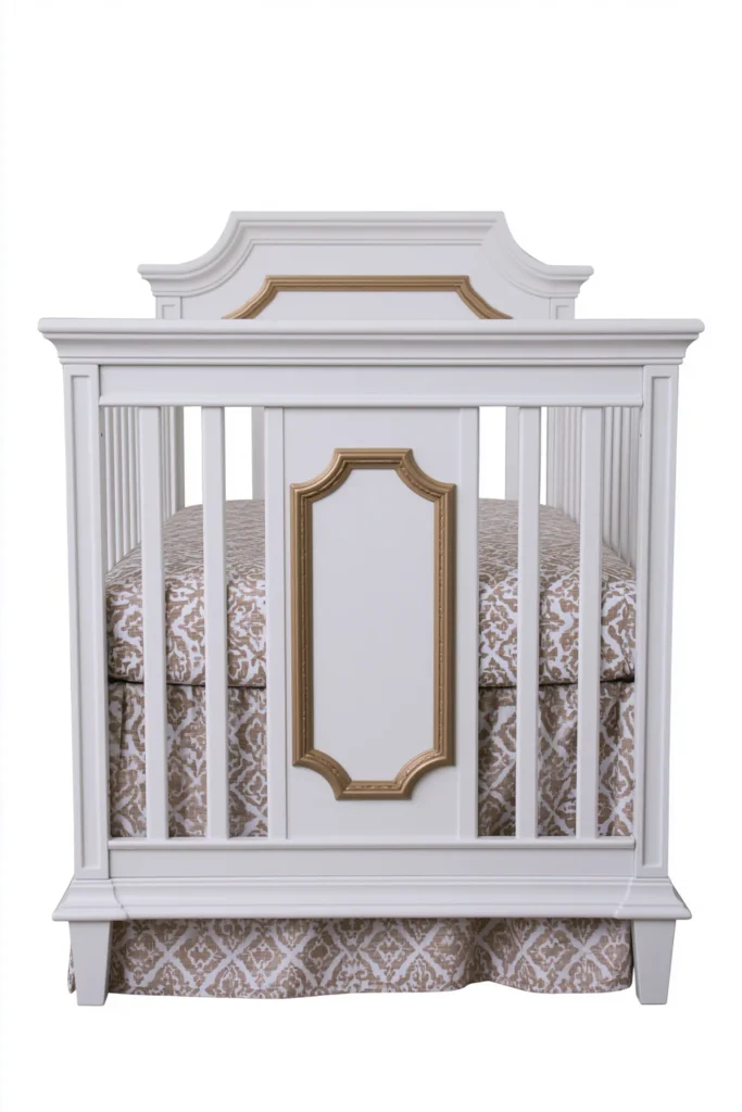 White and gold convertible crib with decorative trim for a transitional nursery design