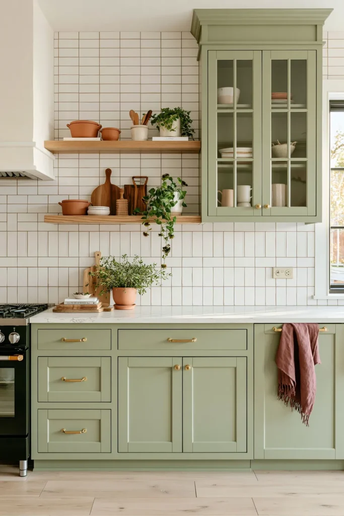 Sage green kitchen with white tile backsplash, terracotta pots, wooden utensils, potted plant, and burgundy towel.