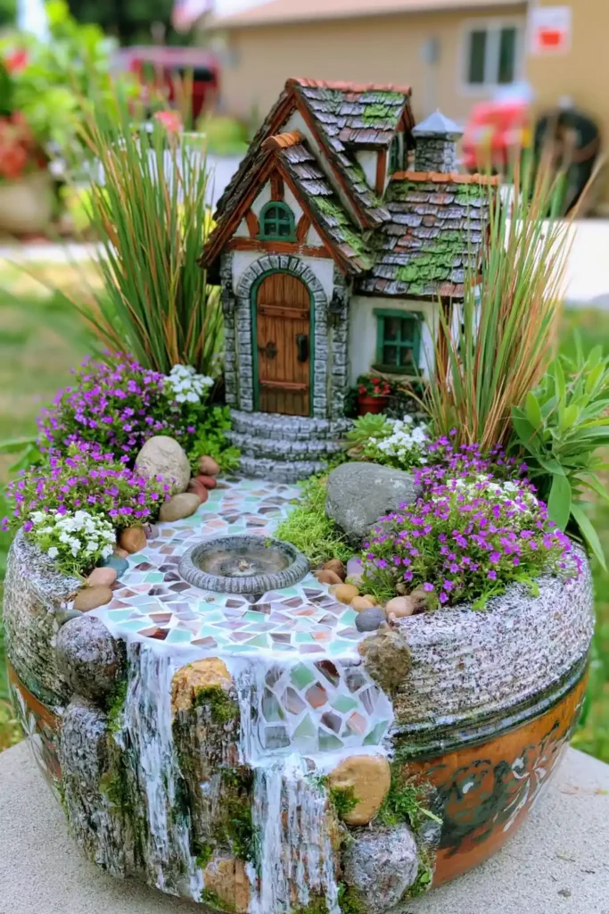 DIY Outdoor Fairy Garden Ideas for Tiny Backyard, Patio, and Seasonal Displays 6 Cottage village fairy garden in a round container with a small cottage, stepping-stone path, purple flowers, white flowers, and tall grasses.
