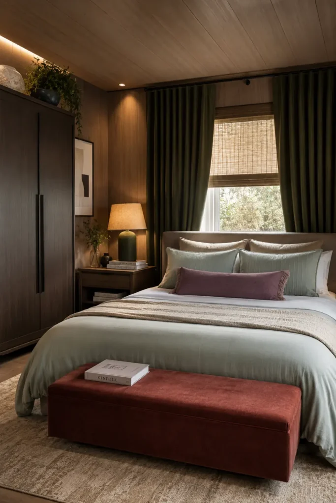 Designer Bed Layering and Styling Ideas for a Polished Bedroom Look 2 Designer layered bed with cream linen, textured blankets, olive curtains, wood paneling, and warm bedroom lighting.