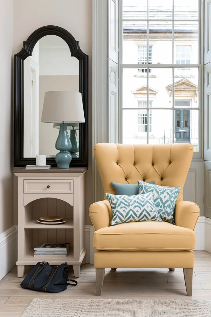 Cream nightstand with open shelves beside a yellow chair in a nursery corner