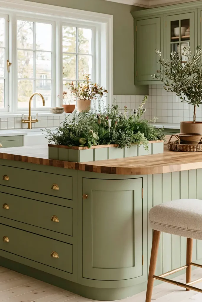 Rounded sage green kitchen island with butcher block top, built-in herb planter, brass hardware, and upholstered stool.