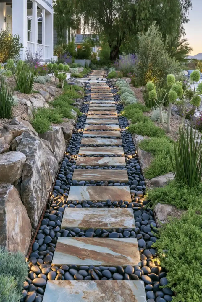 Stunning Garden Walkway Layout Ideas for a Beautiful Outdoor Path 26 Crisp contemporary walkway with rectangular stone pavers, smooth black pebbles, and low-maintenance greenery.