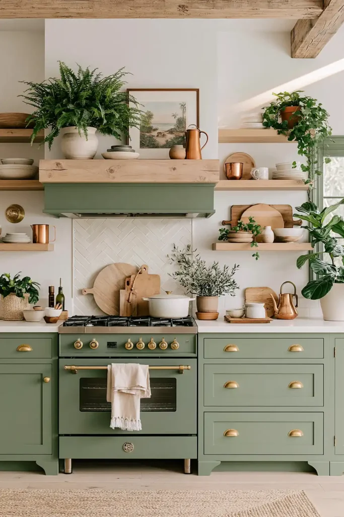 Sage green kitchen with herringbone backsplash, brass hardware, wood shelves, cutting boards, and copper accents.