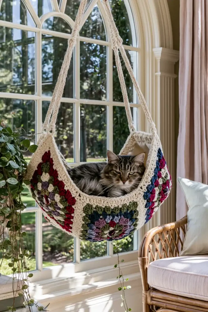 Crocheted granny square cat hammock in jewel tones with cream edging, hanging near an arched window and rattan chair.