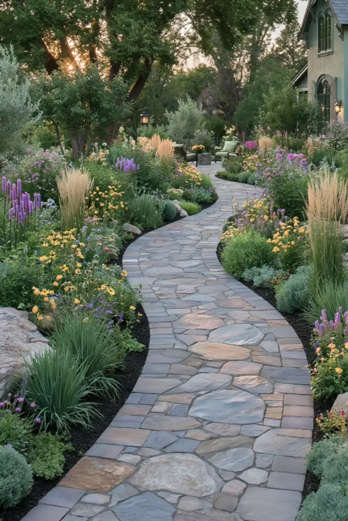 Stunning Garden Walkway Layout Ideas for a Beautiful Outdoor Path 12 Curved paver walkway with earthy stones, mulch, colorful flowers, ornamental grasses, and lush greenery.