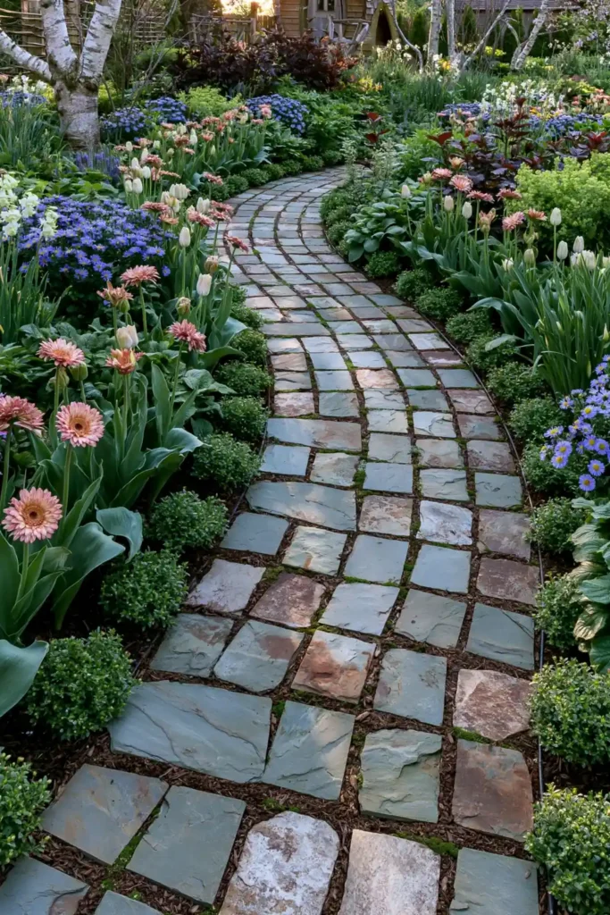 Stunning Garden Walkway Layout Ideas for a Beautiful Outdoor Path 5 Curved slate garden path at sunset with mulch, pink gerbera daisies, seasonal flowers, and lush greenery.