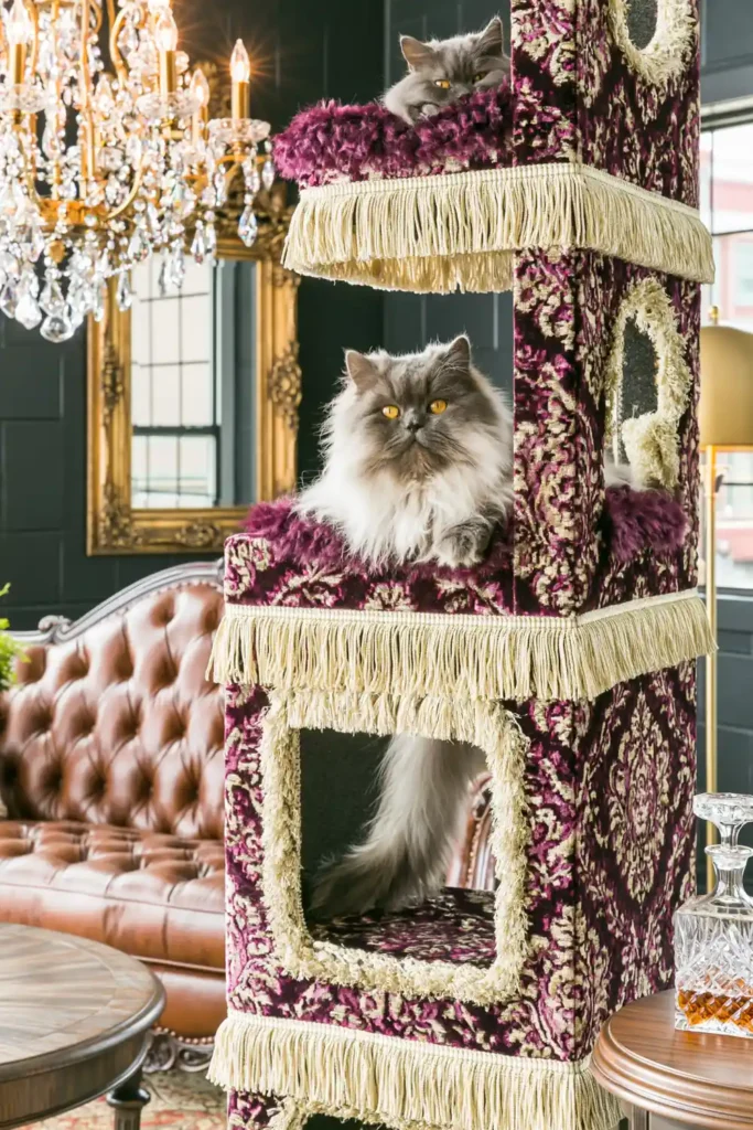 Purple damask velvet cat tower with gold fringe, gray cat, leather tufted sofa, crystal chandelier, and formal living room decor.