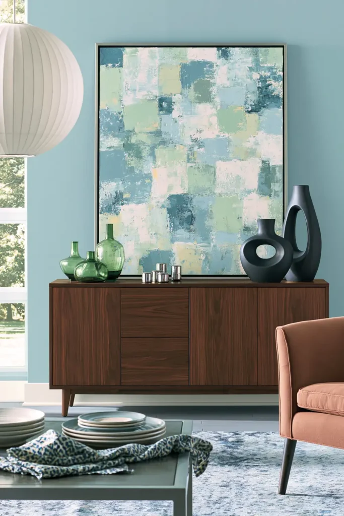 Dark wood sideboard against a soft blue wall with abstract blue and green artwork and sculptural vases