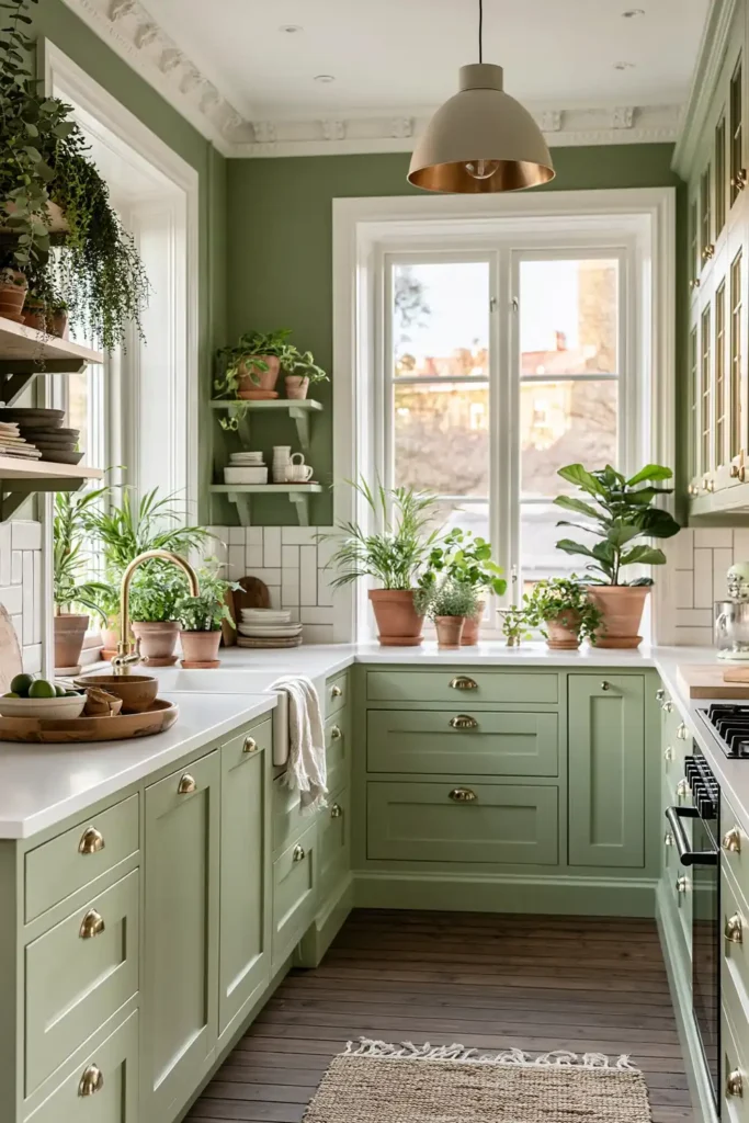 Narrow sage green kitchen with deep green walls, dark wood floor, white counter, potted plants, and pendant light.