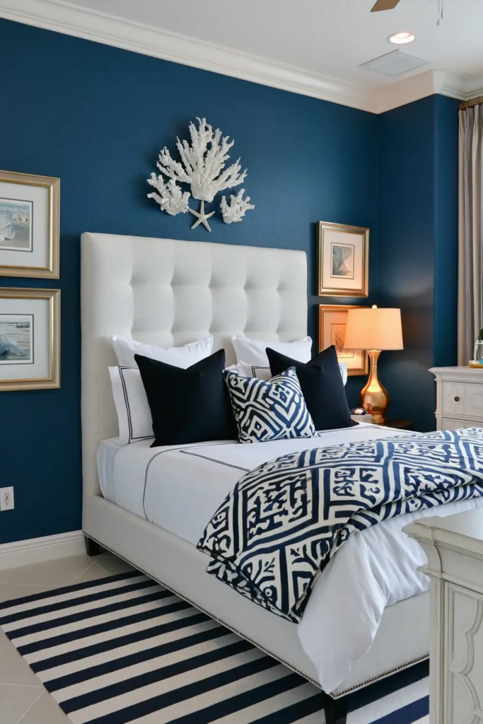 Deep blue bedroom with a white tufted headboard, navy pillows, patterned bedding, and warm lamp light.
