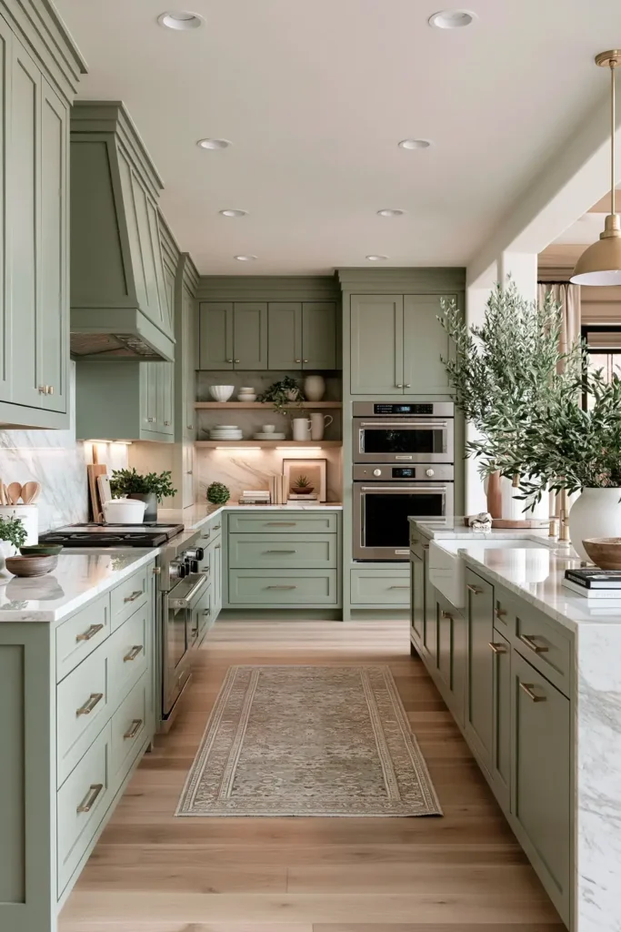 Long sage galley kitchen with warm under-cabinet lighting, recessed ceiling lights, glossy counters, and pale floor.