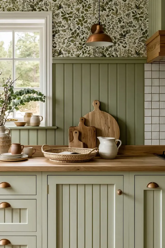 Deeper sage kitchen wall with vertical paneling, botanical wallpaper, copper pendant, wood counter, and leafy stems.
