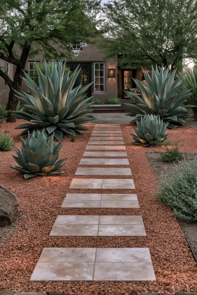 Stunning Garden Walkway Layout Ideas for a Beautiful Outdoor Path 9 Desert garden walkway with rectangular stepping stones, red gravel, agave plants, and subtle green trees.