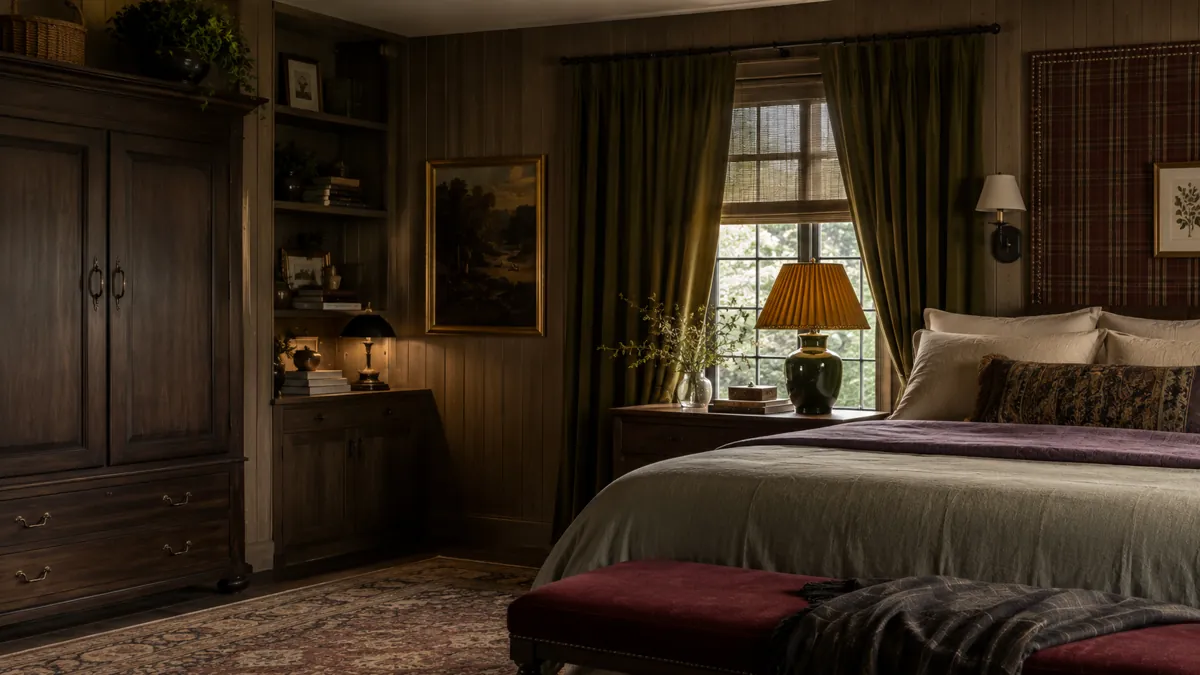 Designer Bed Layering and Styling Ideas for a Polished Bedroom Look 1 Designer bed layering and styling in a moody bedroom with cream pillows, olive curtains, wood paneling, and layered bedding.