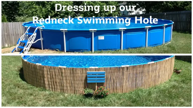 Before and after DIY above-ground pool camouflage decor with reed fencing, a blue pallet sign, potted flowers, and backyard landscaping.