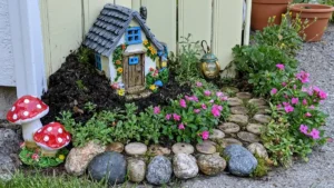 DIY outdoor fairy garden with a tiny gray-roofed house, mushroom ornaments, stepping-stone path, pink flowers, and terracotta pots.