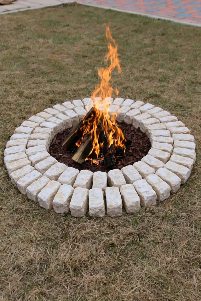 20 Budget-Friendly Outdoor Landscaping Ideas for a Charming Yard 6 Low circular stone fire pit with flames on a grassy garden lawn.