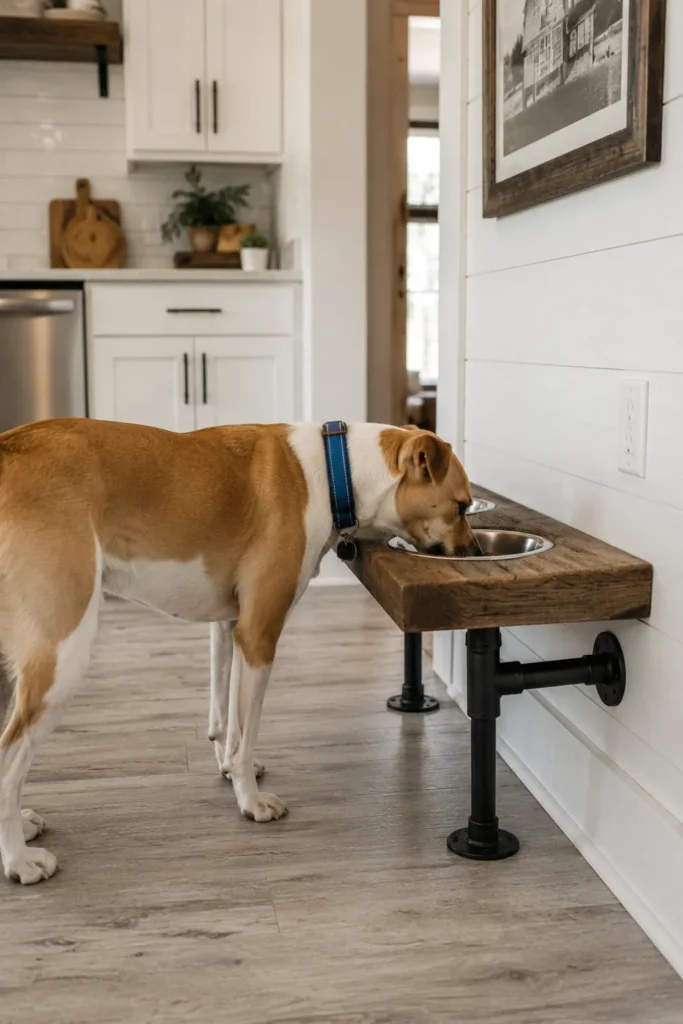 Brilliant Home Design Makeover Ideas for a More Personal Home 13 Wall-mounted dog bowl pot filler with black faucet, wooden backing, white cabinets, and dark floor mat