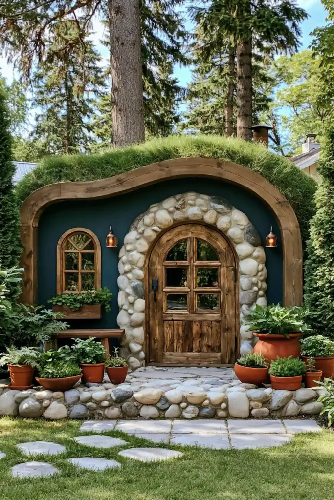 Brilliant Home Design Makeover Ideas for a More Personal Home 11 Small green cottage entryway with arched wooden door, potted plants, and stone pavers