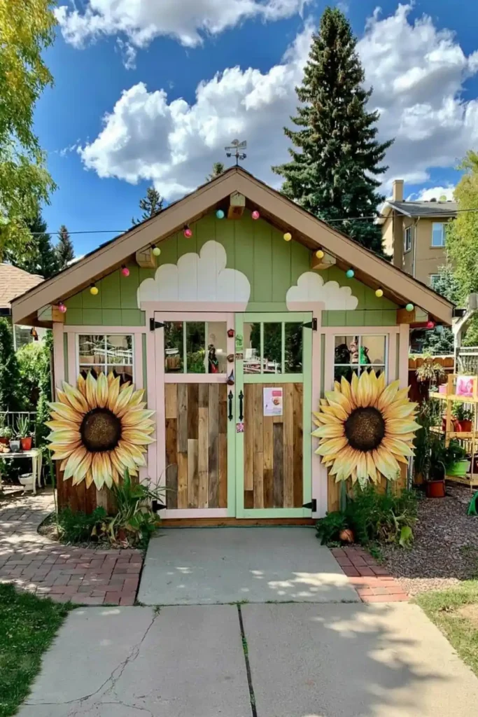Brilliant Home Design Makeover Ideas for a More Personal Home 6 Blue garden shed with sunflower mural and cloud painting for dopamine decor inspiration
