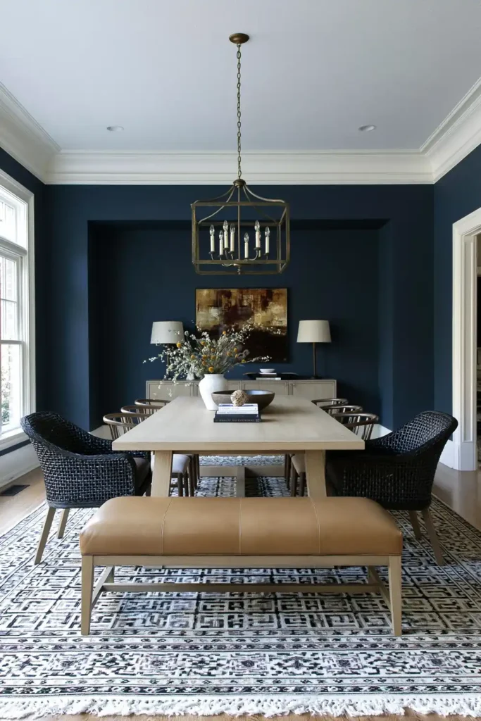 Dining room with deep blue-green walls, a light wood table, tan leather bench, and metal chandelier.