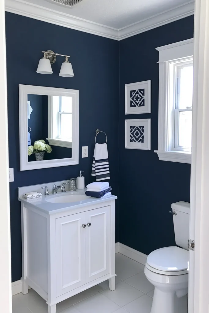 Small bathroom with velvety Hale Navy walls, white vanity, metal hardware, and soft warm lighting.