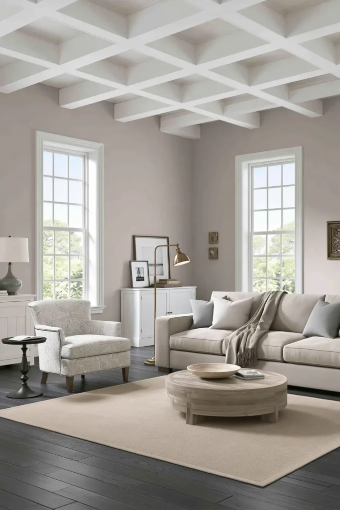 Whole House Cohesive Paint Palettes for a Calm, Connected Home 2 Living room with pale blush-tan walls and cozy neutral decor for a soft feminine paint palette