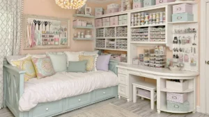 Dual-purpose craft room and guest bedroom layout with a daybed, white desk, peg board storage, and colorful craft supplies