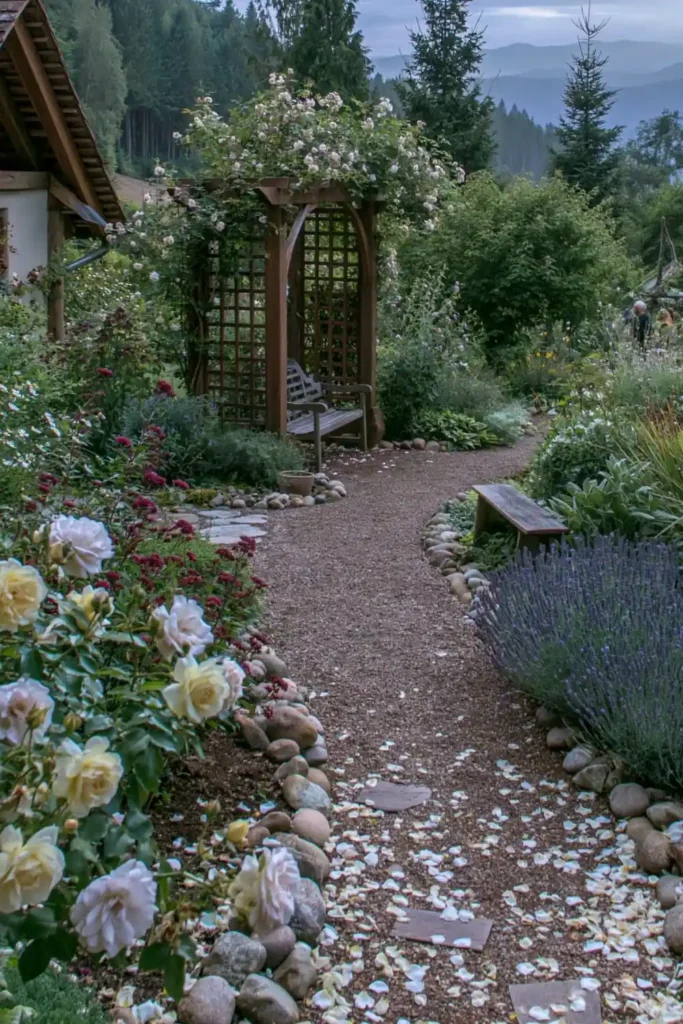 Stunning Garden Walkway Layout Ideas for a Beautiful Outdoor Path 22 English garden stroll with a gravel path, wooden bench, trellis, climbing roses, lavender, and lush greenery.